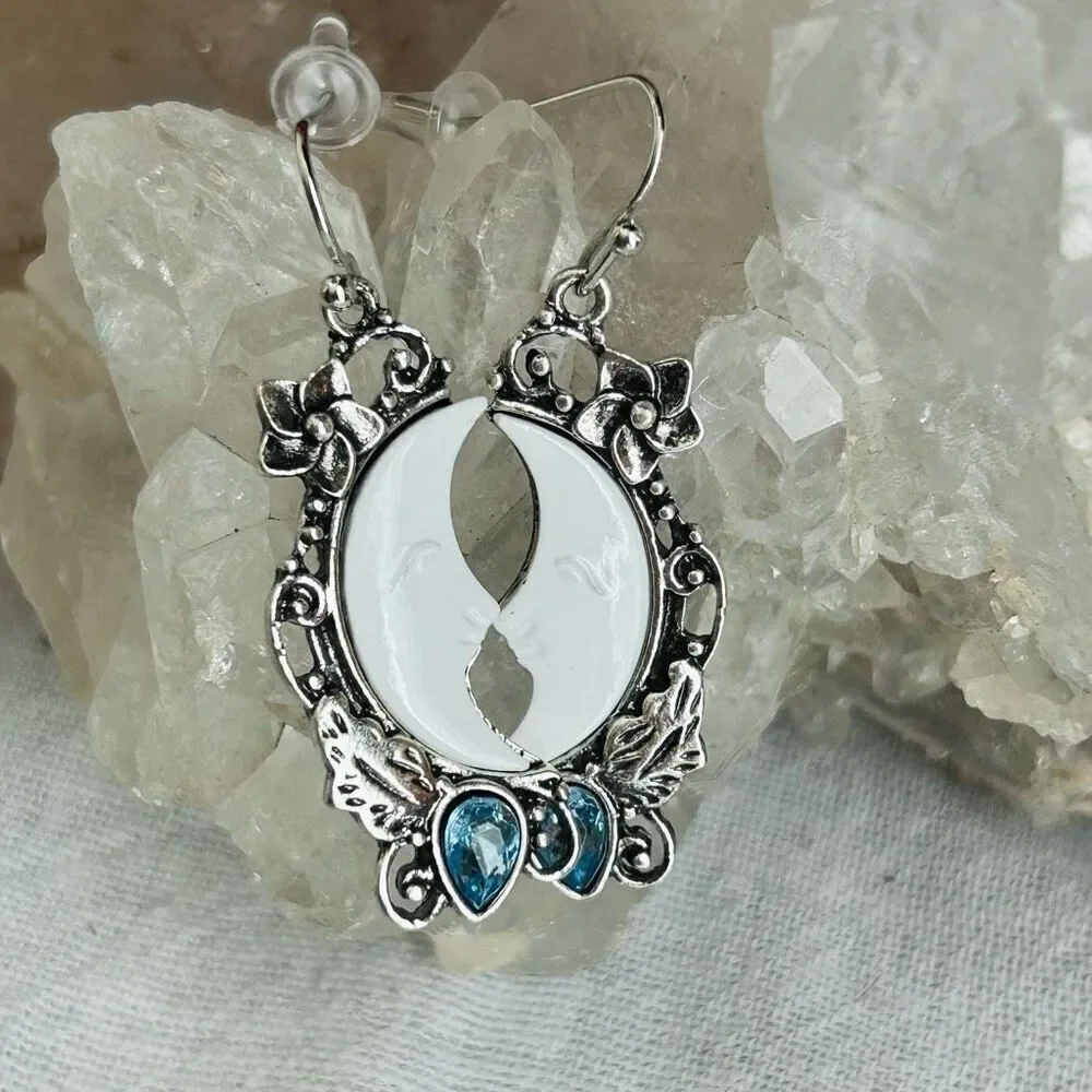 Silver Moon Face Filigree Floral Blue Stone Dangle Earrings